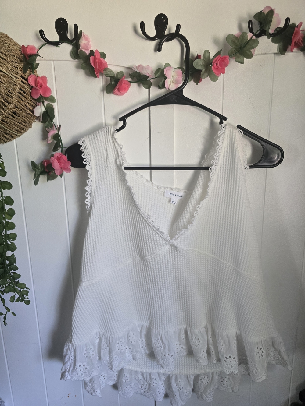 Pink Rose White Lace-Trim V-Neck Camisole
